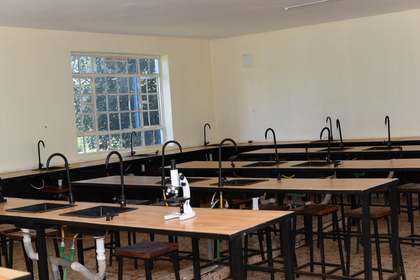 Another view of the science laboratory workbenches and sinks.