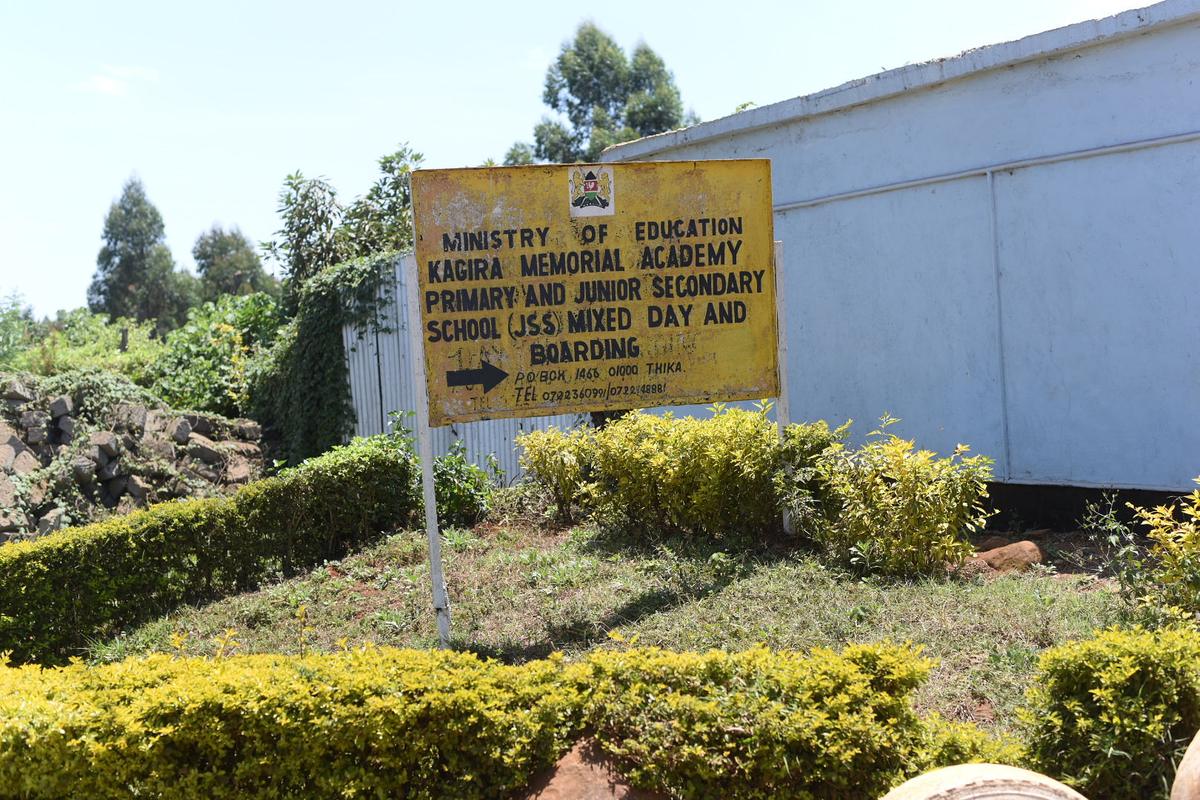 The Ministry of Education signboard at the entrance to Kagira Memorial Academy.